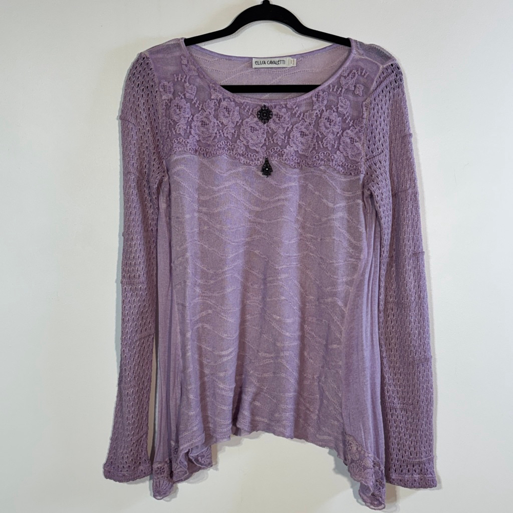 Elisa Cavaletti Purple Lace Knit Tunic Sweater Top Women’s Medium Long Sleeve - Picture 2 of 13